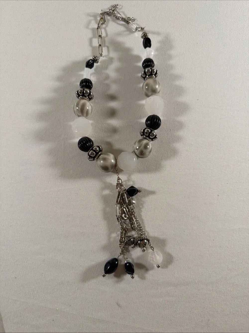 Black & White Beaded Tassel Necklace - Women Jewelry